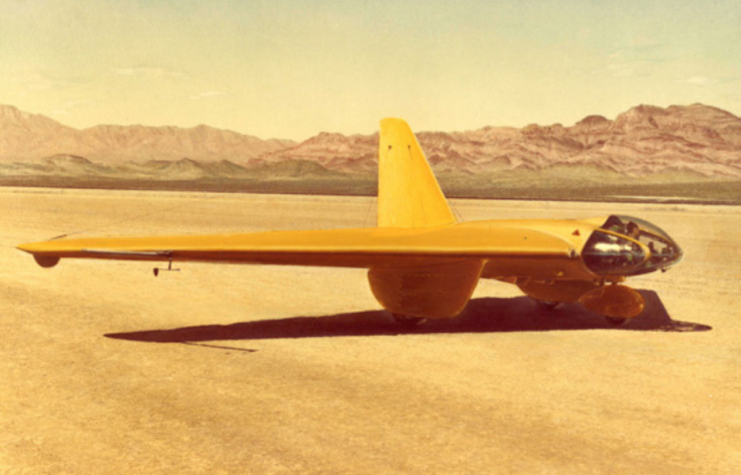 Northrop MX-334 parked in a dry lakebed