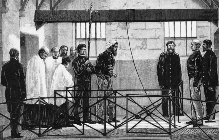 Illustration of Ned Kelly being led to his execution, with officials standing around him
