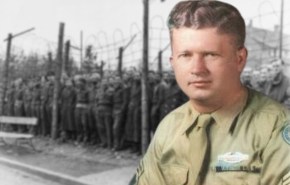 British prisoners of war (POWs) standing behind a barbed wire fence + Military portrait of Roddie Edmonds