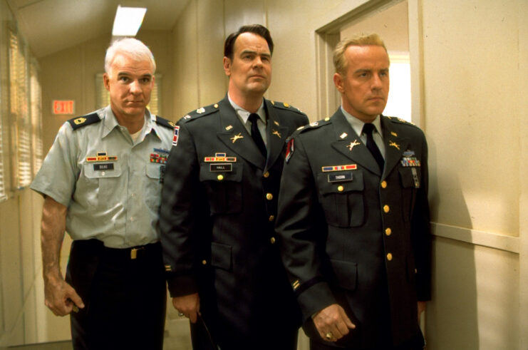 Steve Martin, Dan Aykroyd and Phil Hartman as Master Sgt. Ernest G. Bilko, Col. John T. Hall and Maj. Colin Thorn in 'Sgt. Bilko'