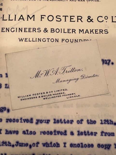 Sir William Tritton's business card atop another document