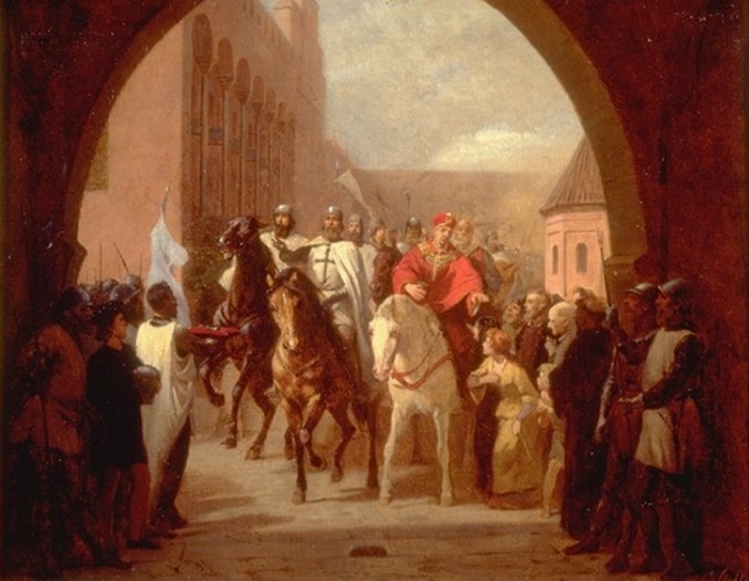Painting showing the Teutonic Knights entering Malbork Castle on horseback