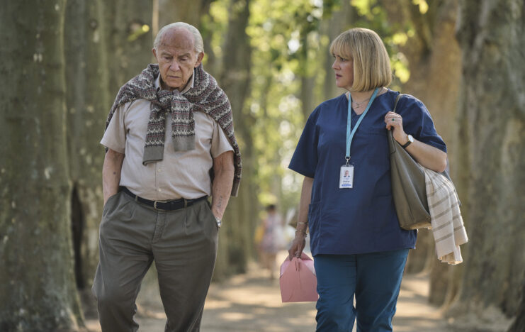 Harvey Keitel and Melanie Lynskey as Lale Sokolov and Heather Morris in 'The Tattooist of Auschwitz'