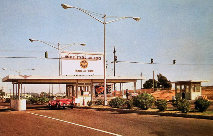 Car driving through the main gate of Travis Air Force Base, California