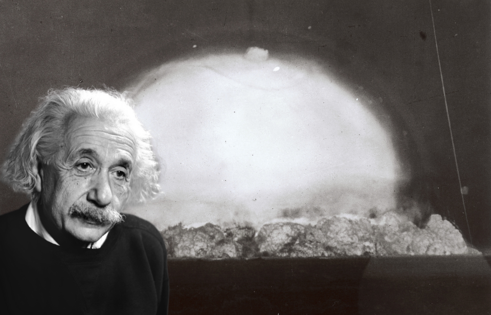 Nuclear explosion from the Trinity Test + Portrait of Albert Einstein