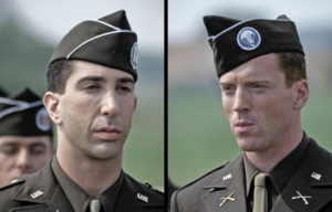 David Schwimmer as Capt. Herbert Sobel in 'Band of Brothers' + Damian Lewis as Maj. Richard Winters in 'Band of Brothers'