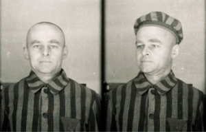 Two portraits of Witold Pilecki dressed in his Auschwitz prisoner uniform