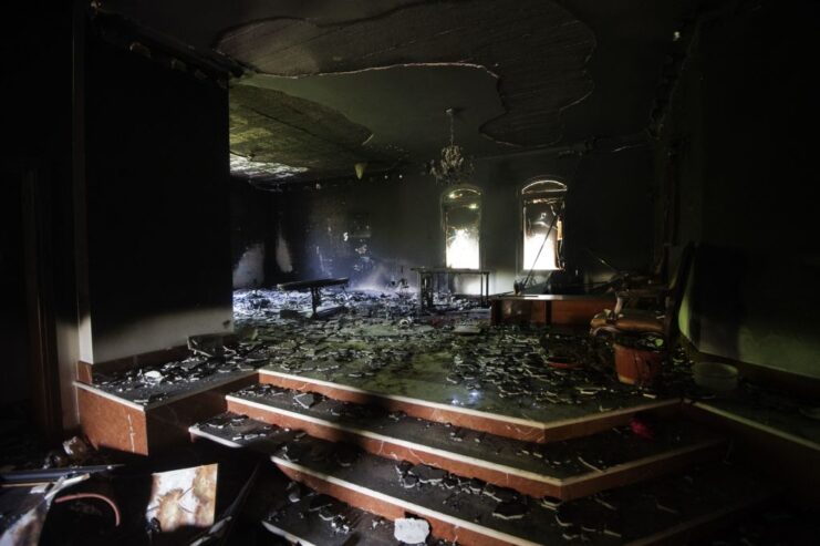 Burnt-out interior of a large room