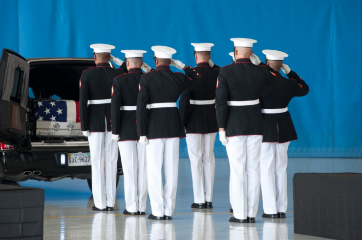 US Marines saluting a hearse with a flag-draped casket within