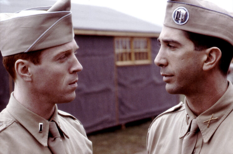 Damian Lewis and David Schwimmer as Richard Winters and Herbert Sobel in 'Band of Brothers'