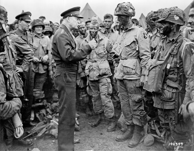 Dwight D. Eisenhower speaking to the men of the 502nd Parachute Infantry Regiment, 101st Airborne Division