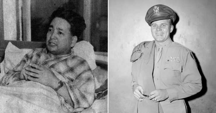 Kiyoshi Tanimoto lying in a bed + Robert A. Lewis wearing his military uniform