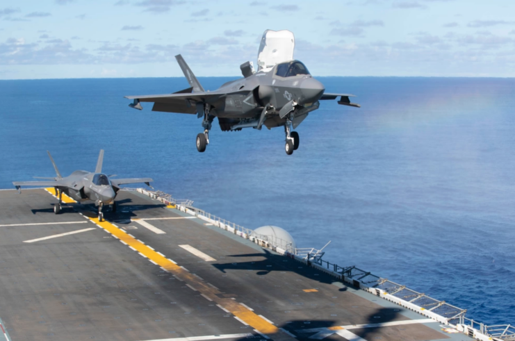 Lockheed Martin F-35B Lightning II landing on the flight deck of the USS Tripoli (LHA-7)