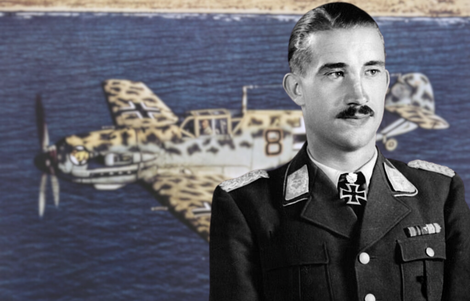 Messerschmitt Bf 109 in flight + Military portrait of Adolf Galland