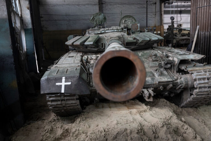 Captured T-72B3 tank housed in a shed
