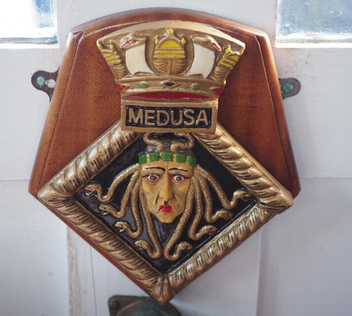 Wooden plaque on the HMS Medusa (A353)