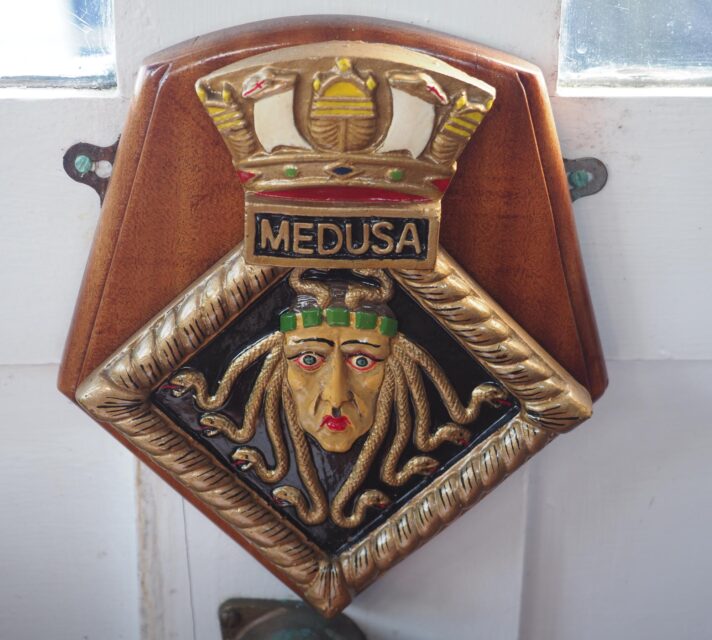 Wooden plaque on the HMS Medusa (A353)
