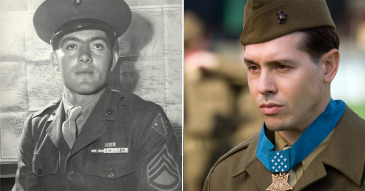 John Basilone sitting in his military uniform + Jon Seda as John Basilone in 'The Pacific'