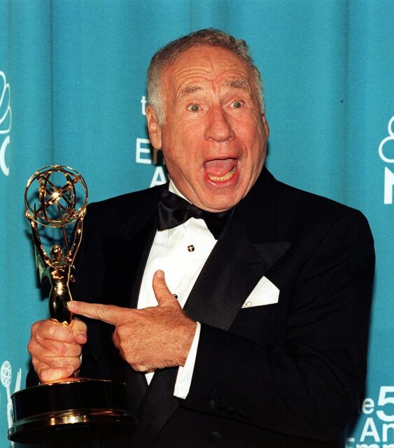 Mel Brooks holding his Primetime Emmy Award