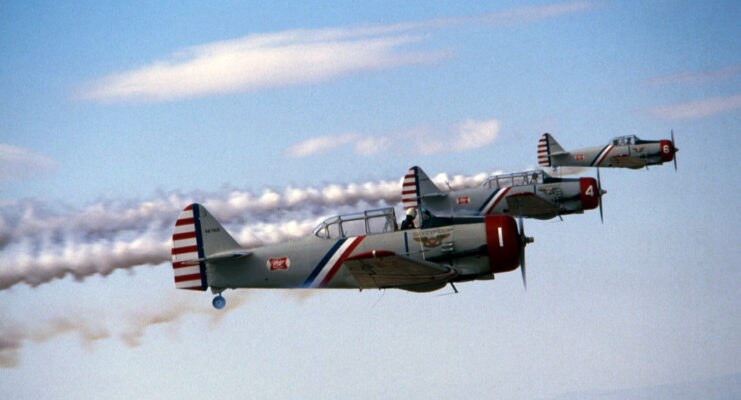 Three North American AT-6 Texans in flight