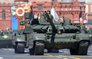 T-72B3 tanks driving down a road in Russia