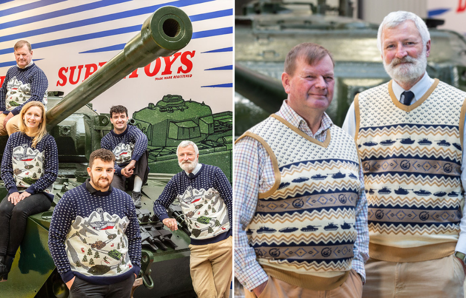 Six staff members with The Tank Museum wearing Christmas jumpers + Two staff members with The Tank Museum wearing Christmas vests