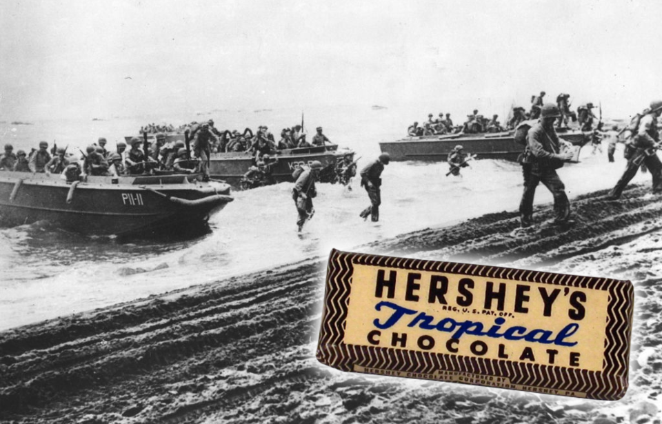 US Marines coming ashore from landing craft + Hershey's Tropical Bar