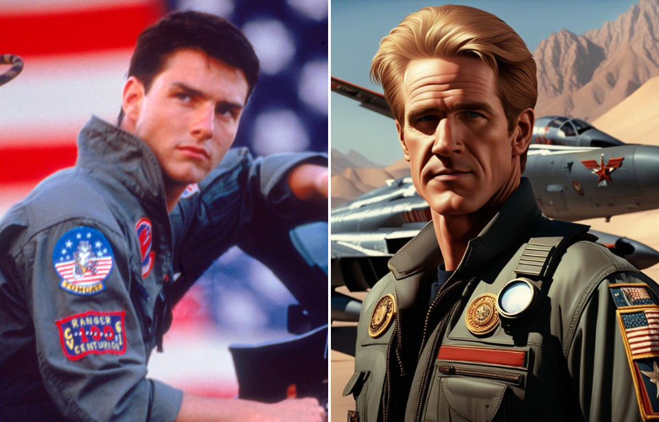 Tom Cruise as Lt. Pete "Maverick" Mitchell in 'Top Gun' + AI image of Matthew Modine as Lt. Pete "Maverick" Mitchell in 'Top Gun'