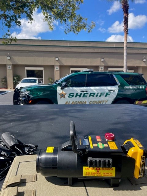 Bomb-detonating equipment placed in front of an Alachua County Sheriff vehicle