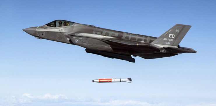 Lockheed Martin F-35 Lightning II dropping a B61-12 thermonuclear gravity bomb