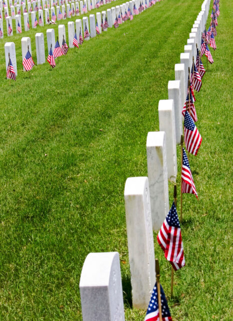 Rows of graves with mini American flags placed in front of them