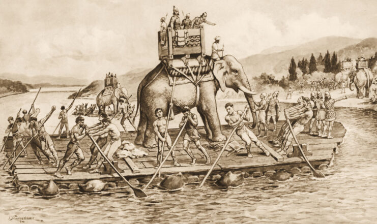 Illustration of Hannibal and his army crossing the Rhone