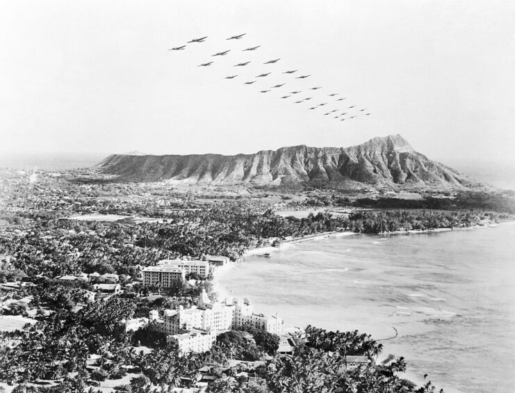 American aircraft flying over Honolulu