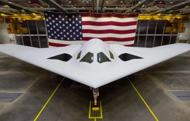 Northrop Grumman B-21 Raider parked in a hangar