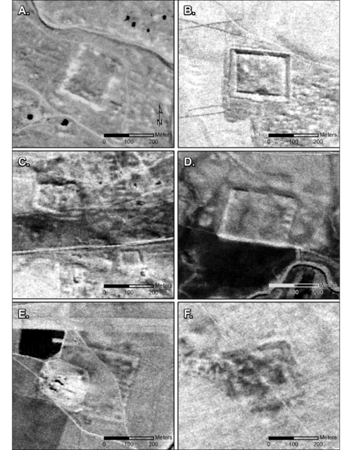 Collage of six aerial images of Roman-era forts
