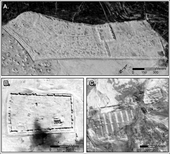 Collage of three aerial images of Roman-era forts