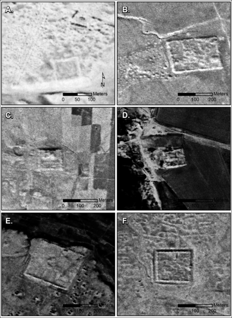 Collage of six aerial images of Roman-era forts