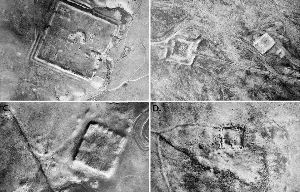Collage of four aerial images of Roman-era forts