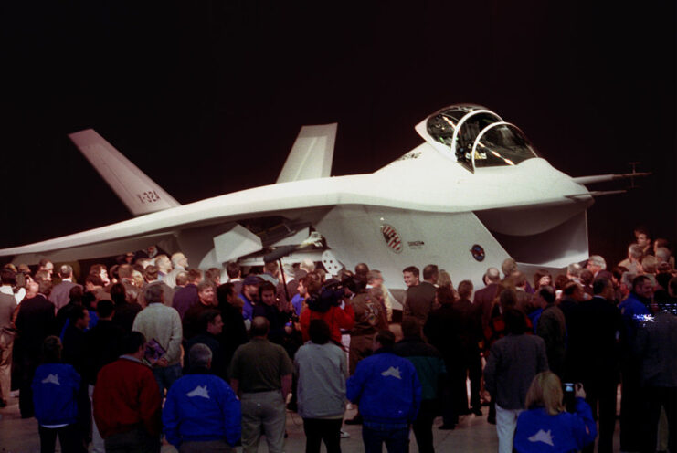 Crowd gathered around one of the Boeing X-32 prototypes