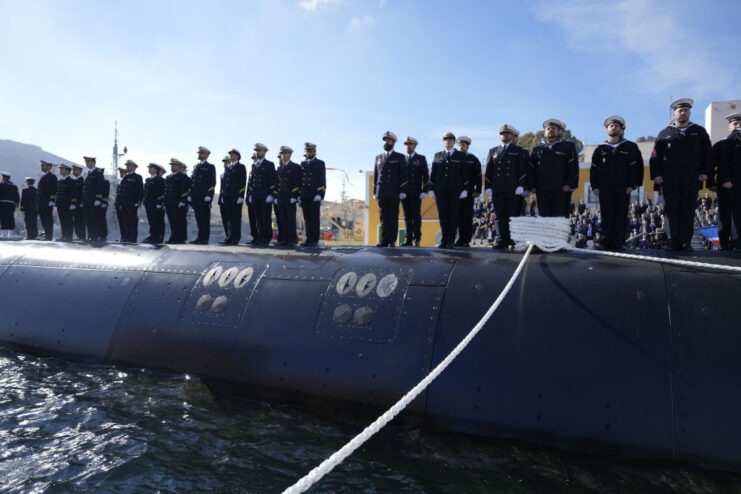 Sailors standing atop the Isaac Peral (S-81), an S-80 Plus-class submarine