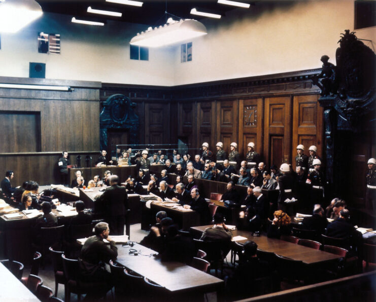 Individuals standing in the court room for the Nuremberg Trials