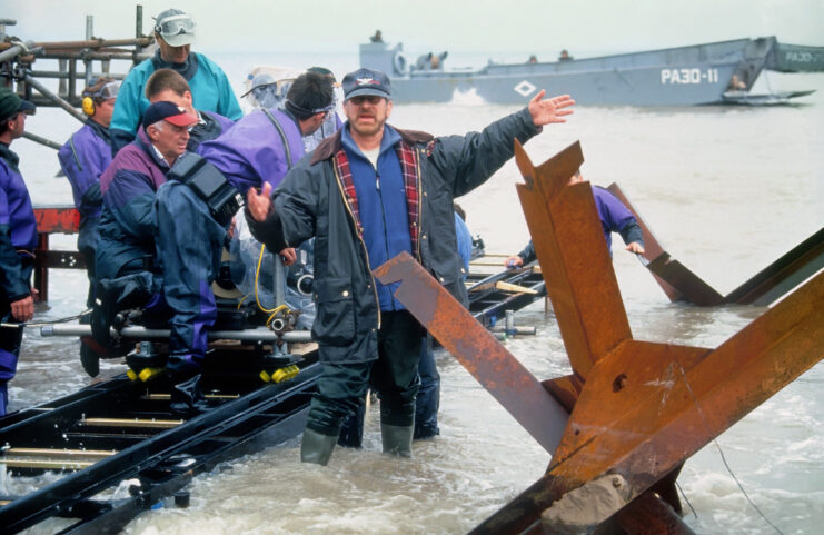 Steven Spielberg and crew on the set of 'Saving Private Ryan'