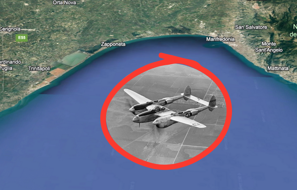 Aerial view of the Gulf of Manfredonia, where Warren Singer's Lockheed P-38 Lightning was discovered + Lockheed P-38 Lightning in flight
