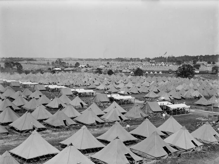 Rows of tents in a field
