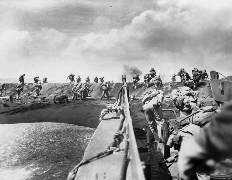 US Marines storming the beach of Iwo Jima