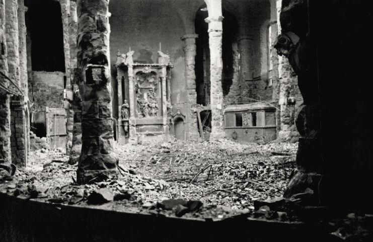 Rubble strewn around the remains of a church