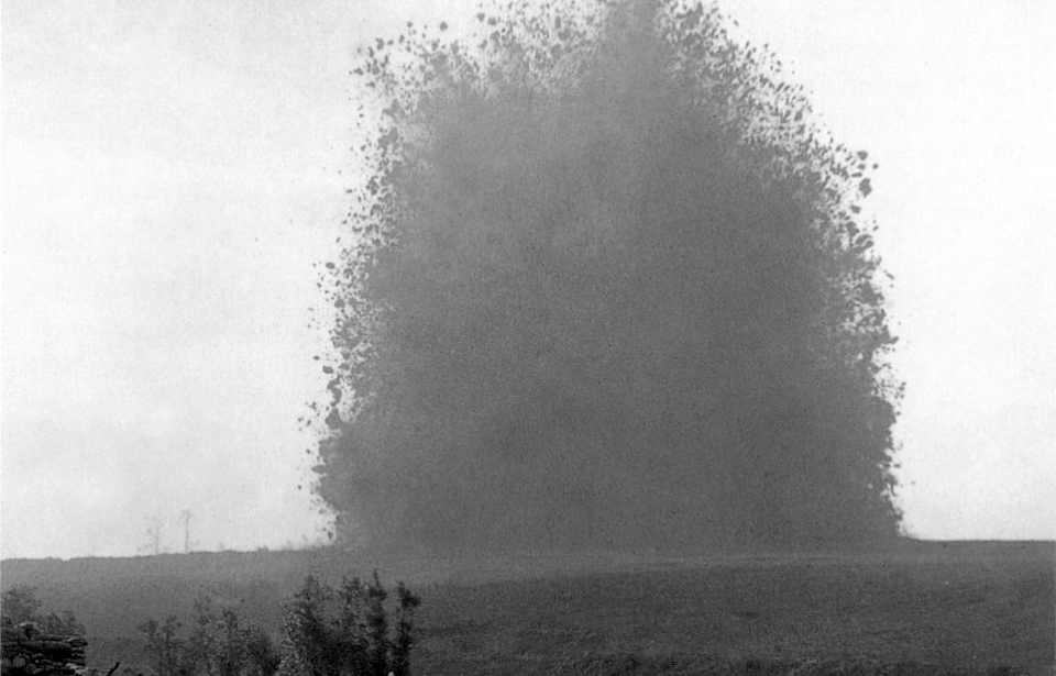 Dirt rising into the air during an explosion at the Hawthorn Ridge Redoubt