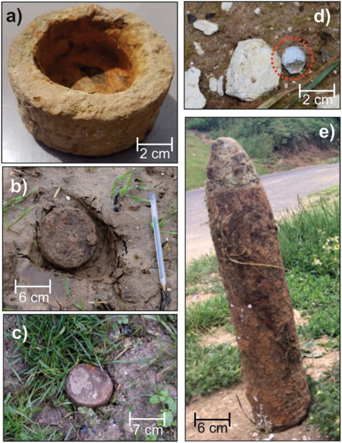 Five images of rusty World War I-era munitions and artifacts