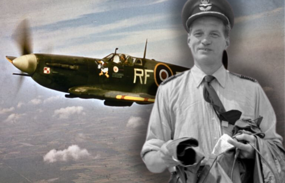 Supermarine Spitfire in flight + Johnnie Johnson walking