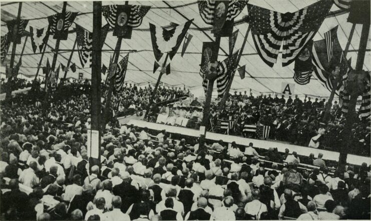 Secretary of War Lindley M. Garrison speaking before a crowd in the Great Tent at the 1913 Gettysburg Reunion